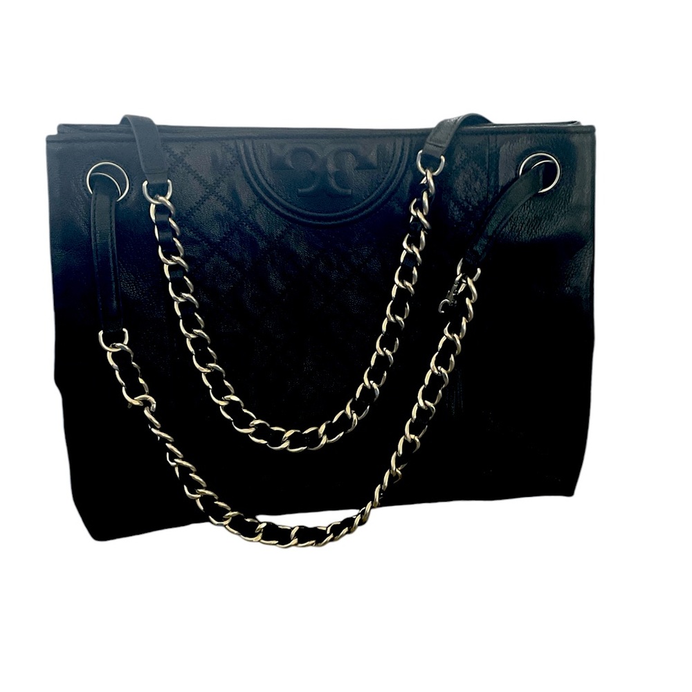 Tory Burch Black Leather Handbag. Silver and Leather handles.